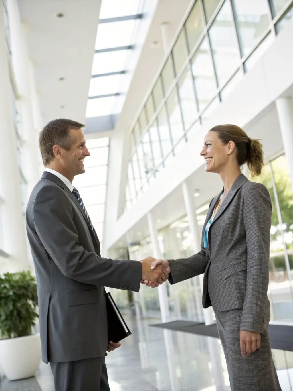 A photograph of business partners confidently shaking hands in a modern office, representing trust and a secure business future.