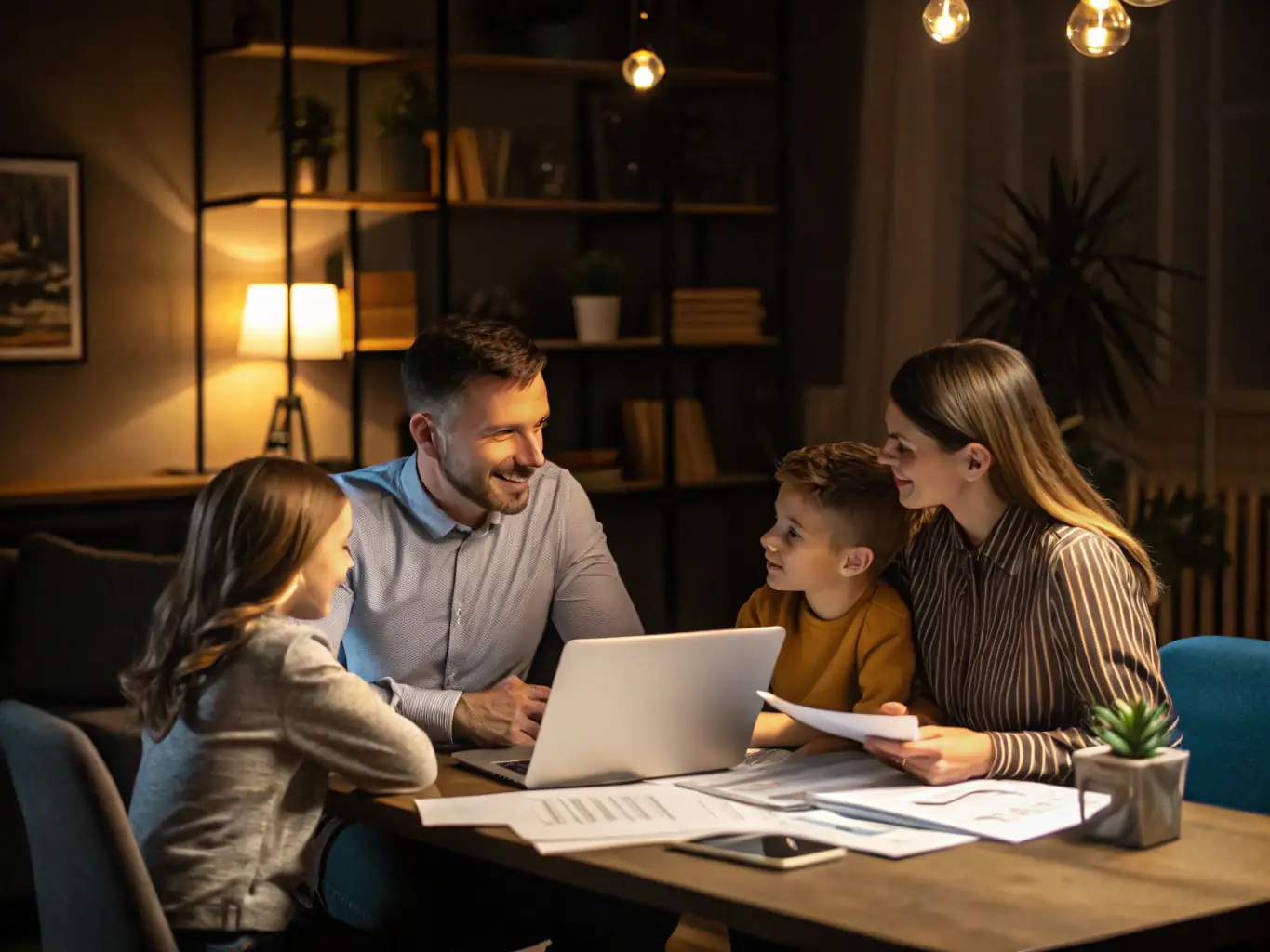 An image of a family reviewing their financial plan with a financial advisor, symbolizing security and growth, set in a modern office.