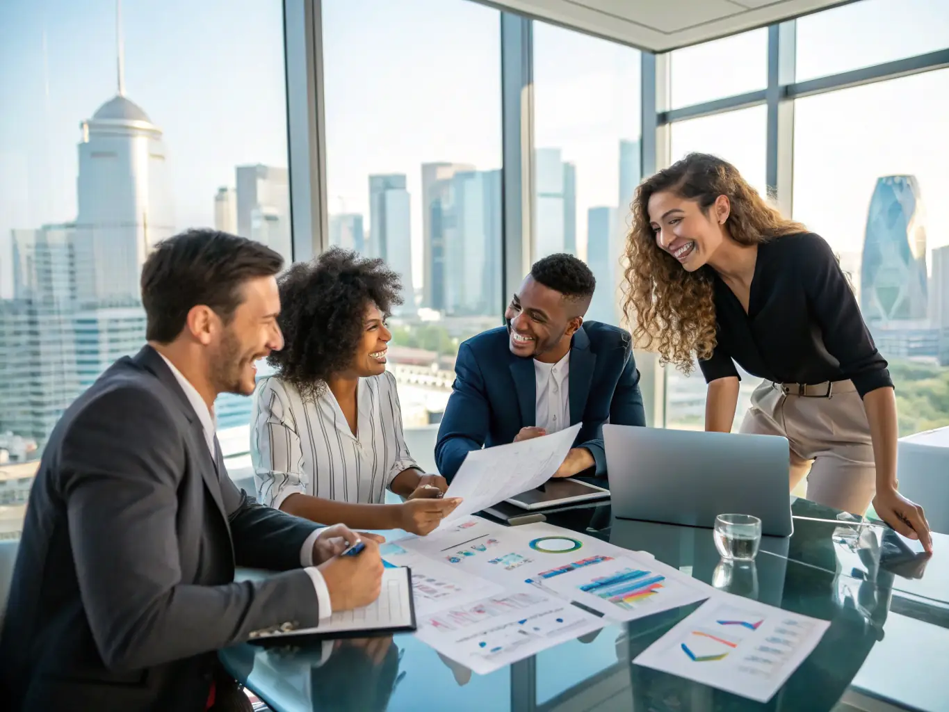 A diverse group of professionals collaborating on business succession planning in a modern office, highlighting expertise in corporate solutions.