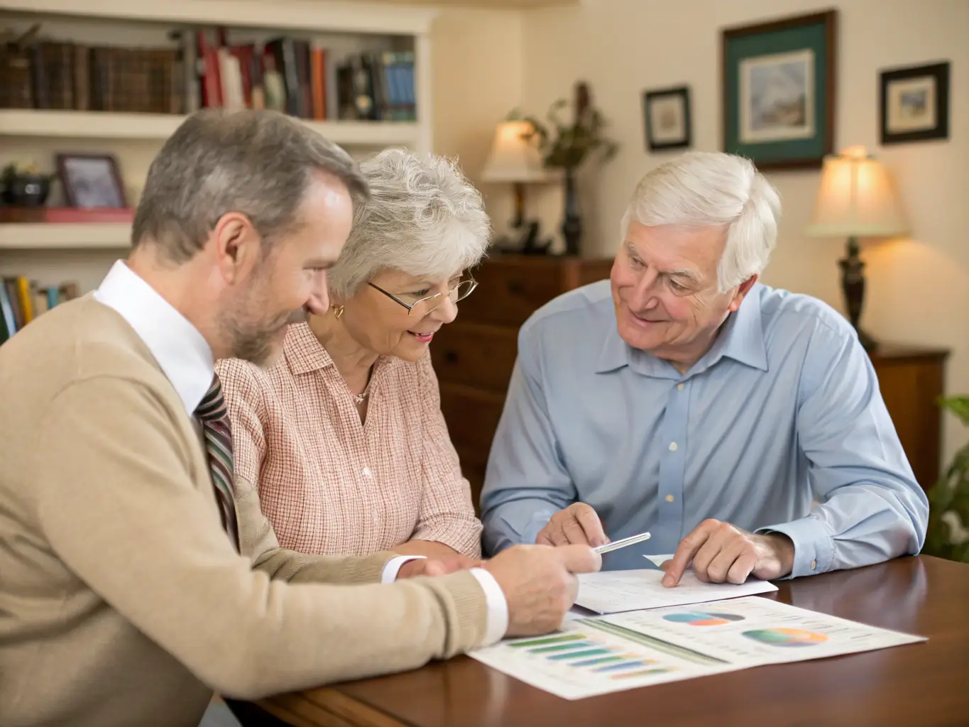 A senior couple happily reviewing retirement plans with a financial advisor in a bright, modern office setting, emphasizing trust and personalized service.