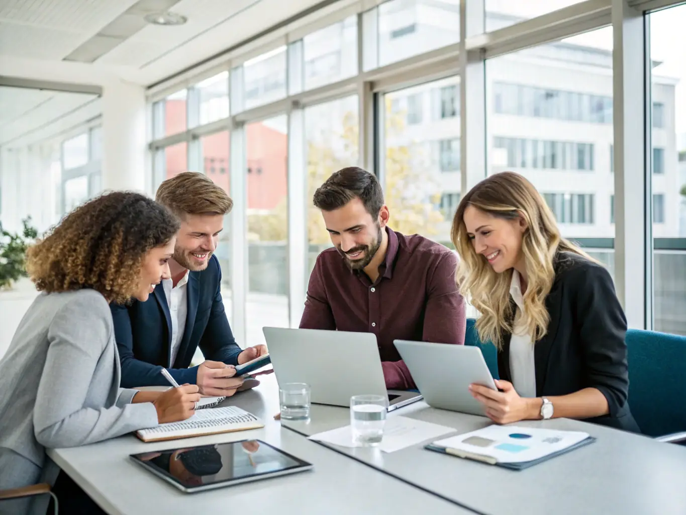 A group of professionals in a modern office setting discuss business strategies, highlighting the importance of business protection.