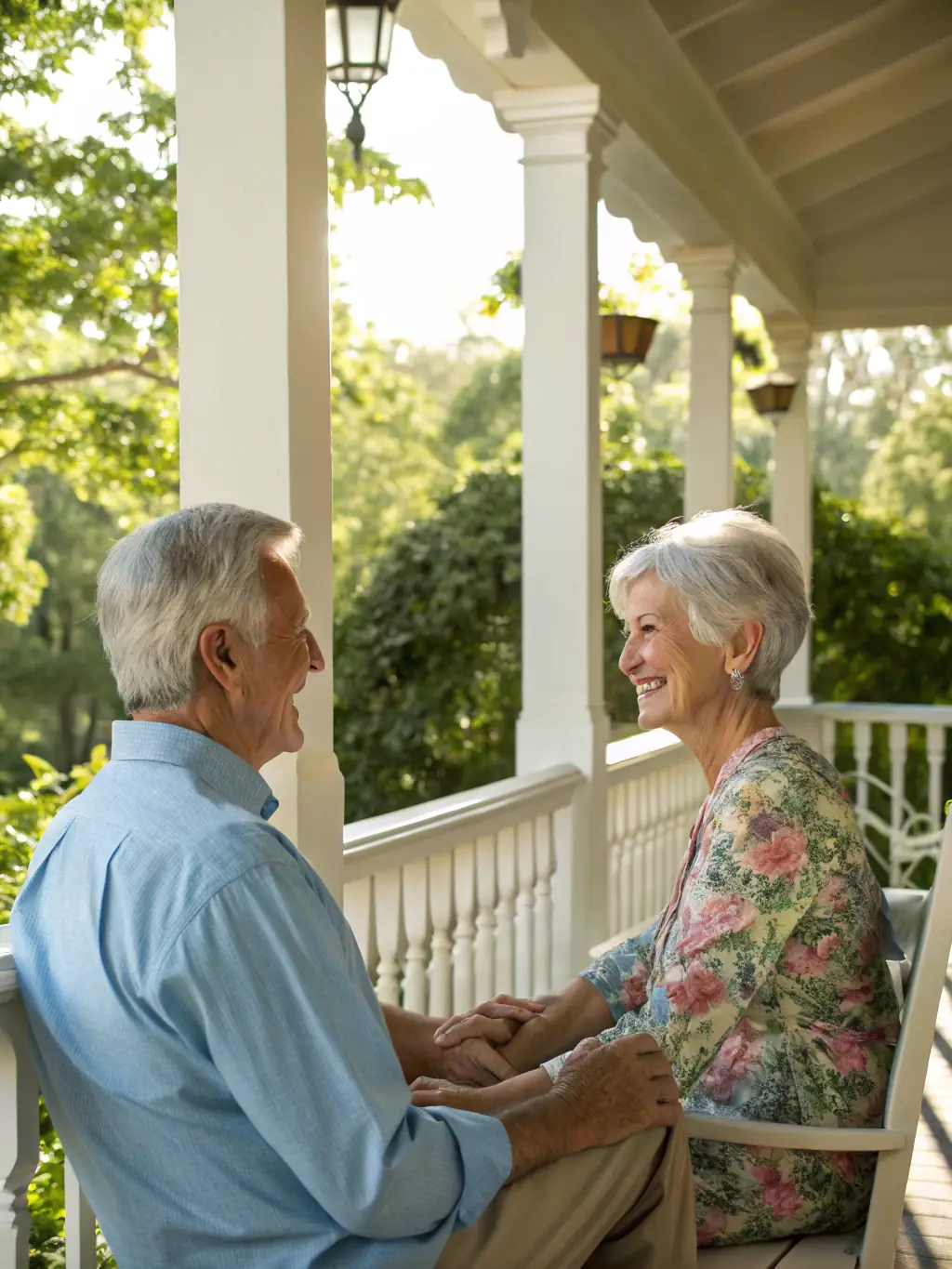 A serene image of a retired couple enjoying a sunset view from their porch, symbolizing a peaceful and financially secure retirement achieved through strategic planning.