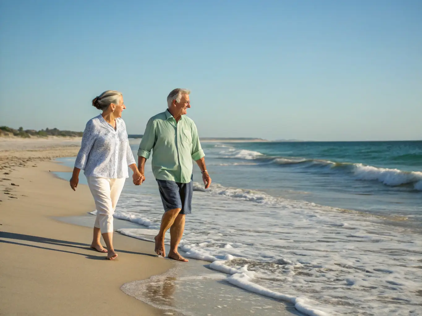 An image of an elderly couple enjoying retirement on a beach, representing financial freedom and peace of mind, with a focus on relaxation and financial independence.