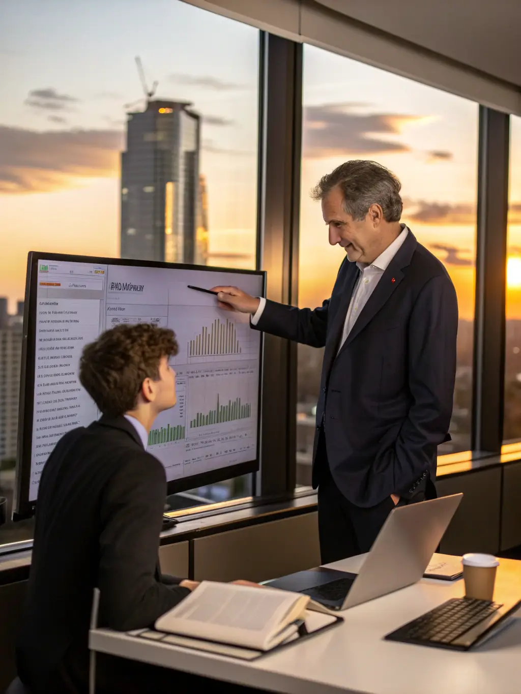 A professional financial advisor explaining retirement options to a client in a modern office setting, emphasizing personalized service and expert guidance.