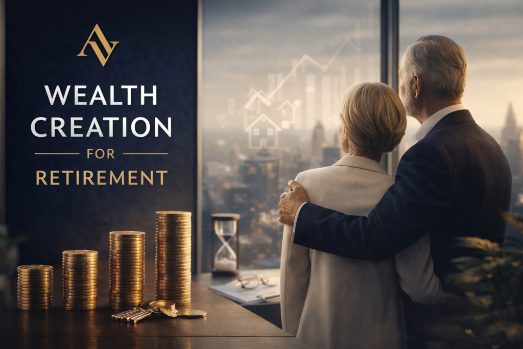 Wealth creation for retirement, gold coin stacks and navy luxury branding