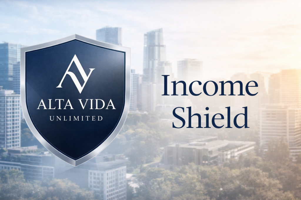 Alta Vida Unlimited Income Shield logo protecting long-term wealth.
